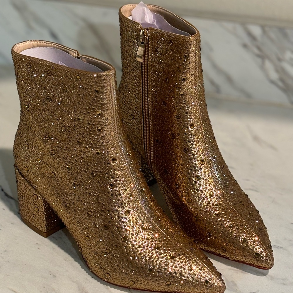 Gold rhinestone ankle boot.